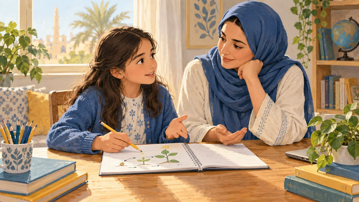 A mother listens as her daughter explains a diagram in her notebook.