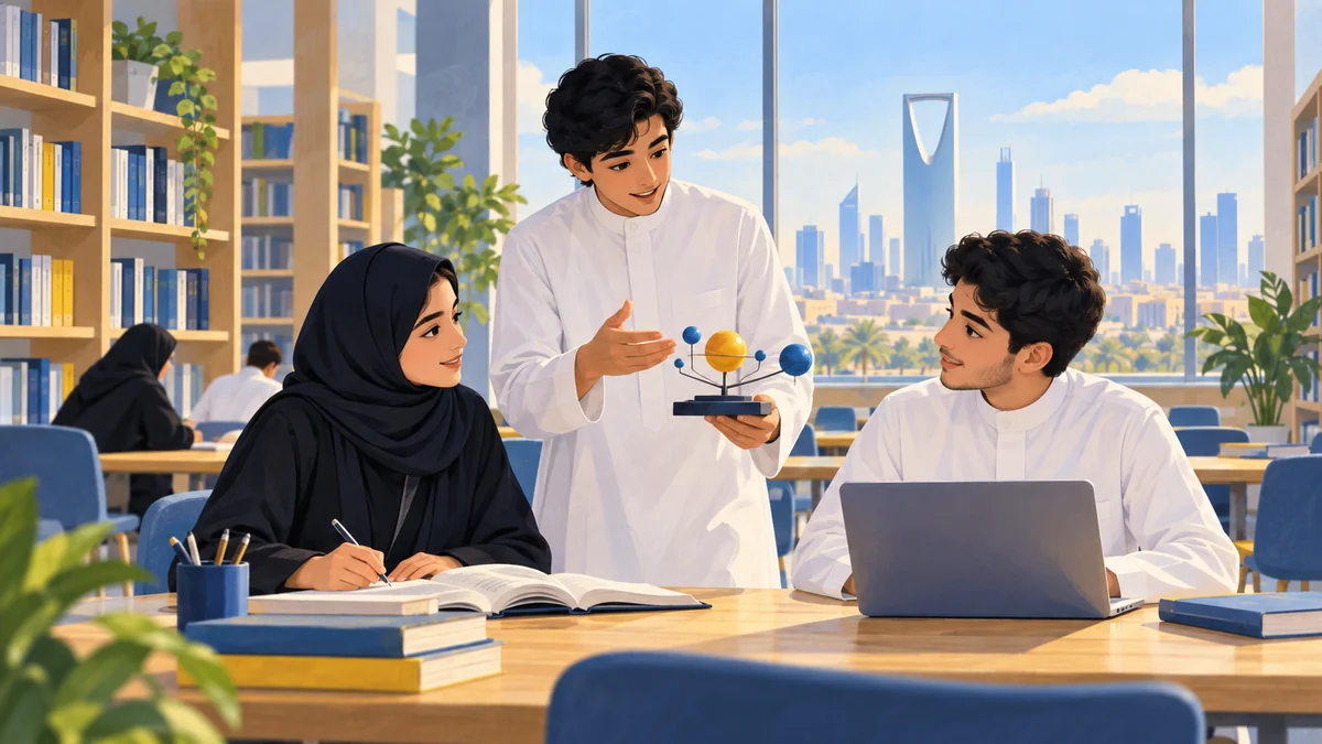 رسم لشباب يدرسون معاً في مكتبة تطل على مدينة الرياض.