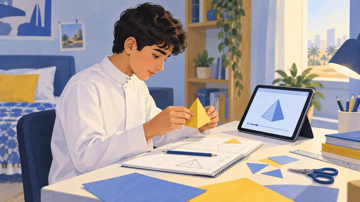 رسم لطالب يصنع هرماً ورقياً أثناء دراسة درس هندسة مسجل.