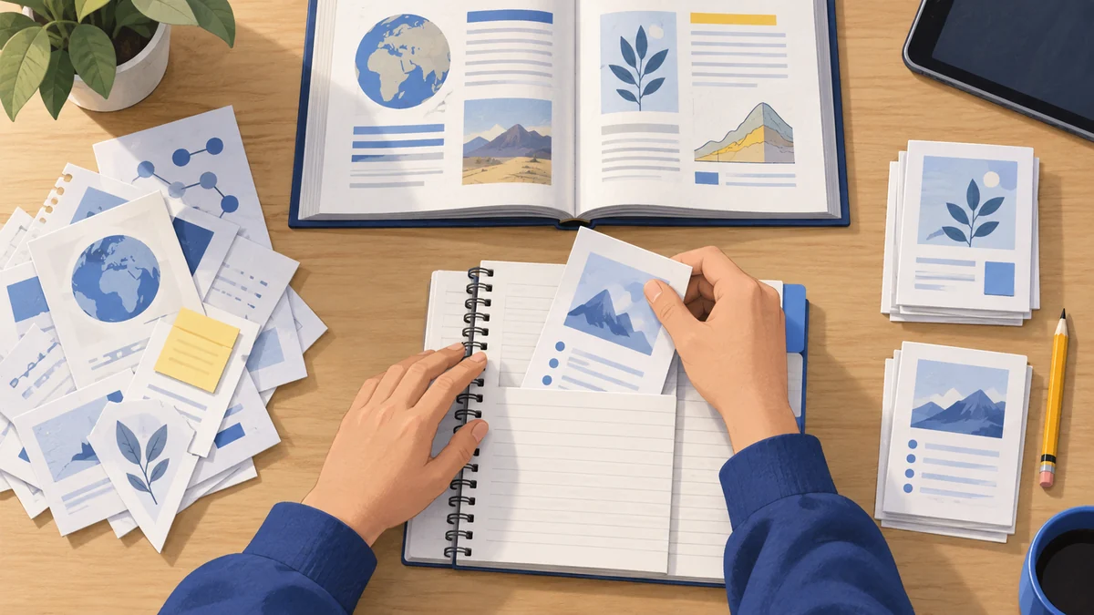 Illustration of a student organizing study pages beside a school textbook.