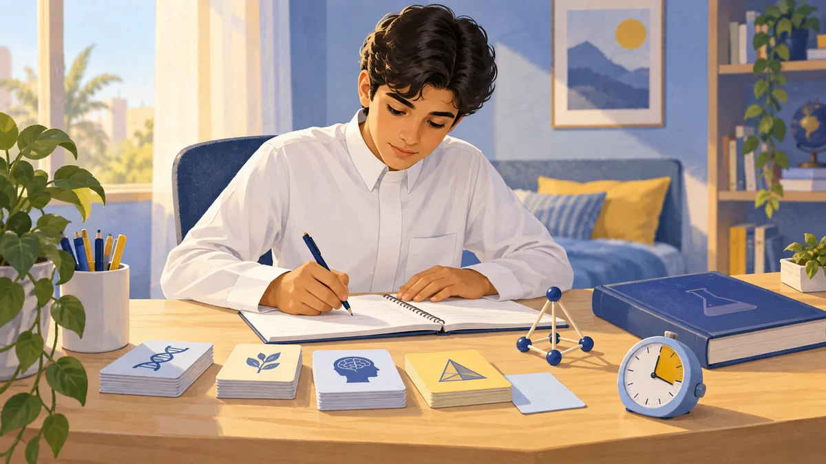 رسم لطالب في المرحلة الثانوية يراجع دروسه باستخدام بطاقات علمية ومؤقت.
